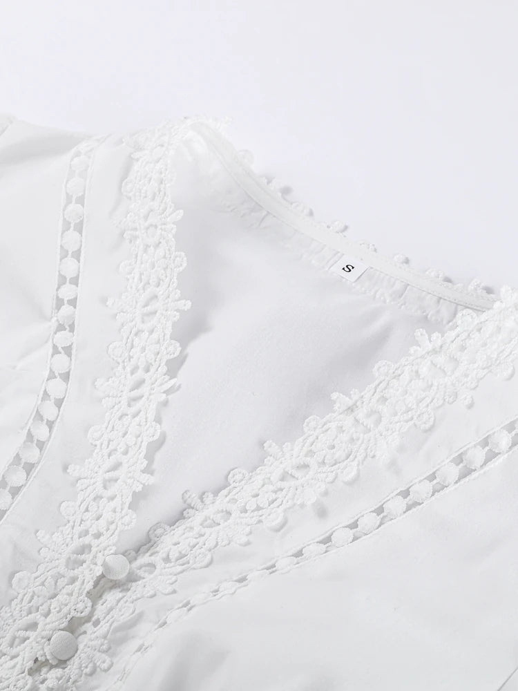Elegant V Neck Long Puff Sleeve Embroidery Female Dress Chic Hollow Out A line Madi Dresses for Women Fashion Spring Lady Robes