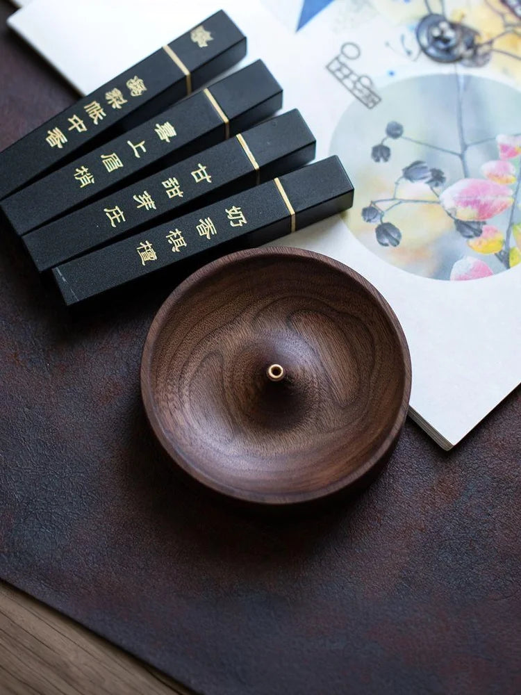 SI1pc new Incense Stick Handmade Tea Ceremony Round Incense Burner Agarwood Tray Holder North American Black Walnut Solid Wood