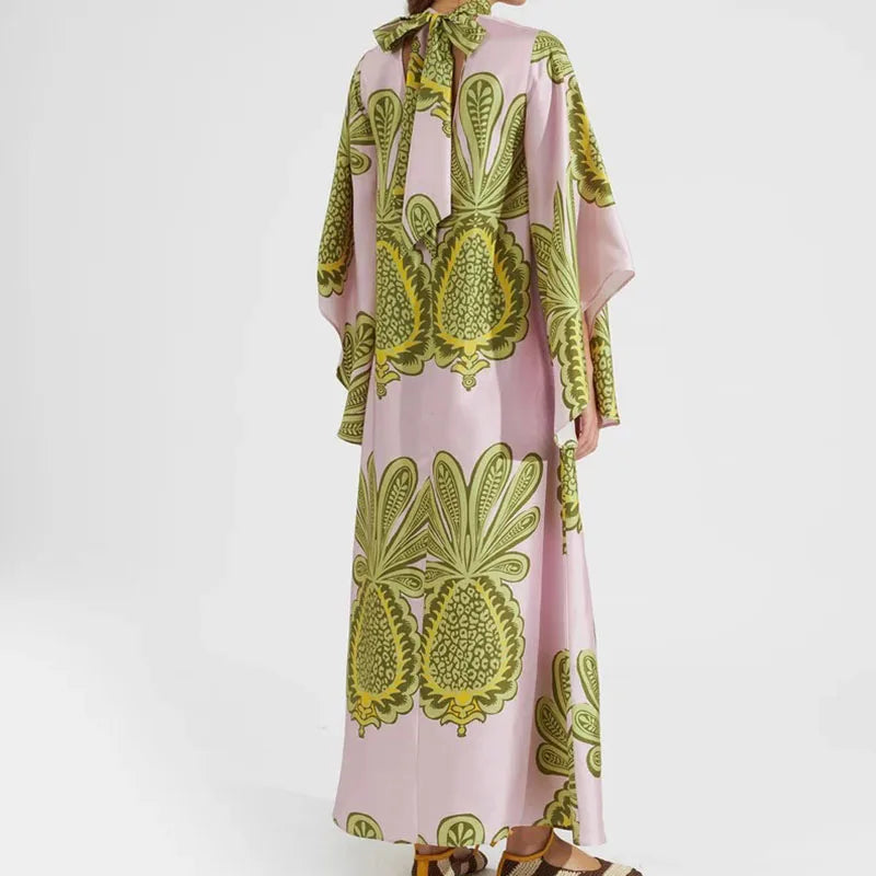 Elegant Long Sleeve Loose Party Dresses Spring Vintage Pattern Printed Robe Dress Women's Stand Neck High Waist Bohemian Dress