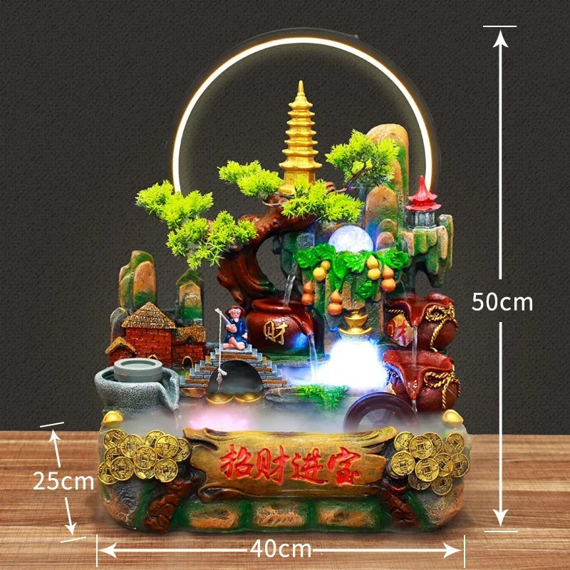 Indoor Fountain with Fish Tank Feng Shui Resin Waterwheel Relaxing Fog Water Feature for Home & Office Décor Water Feature