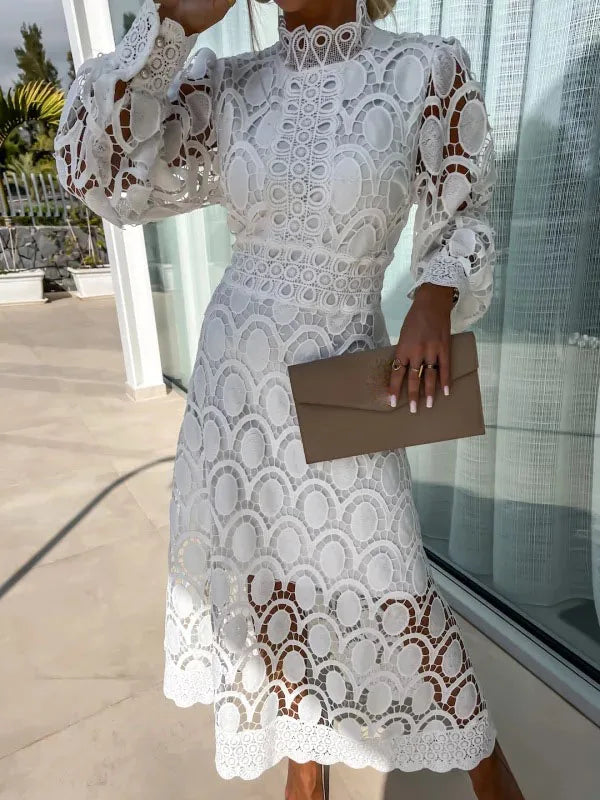Lace Puff Sleeve Long Dress Women 2025 Spring Elegant New Fashionable Stand Collar High Waist Slim Dresses