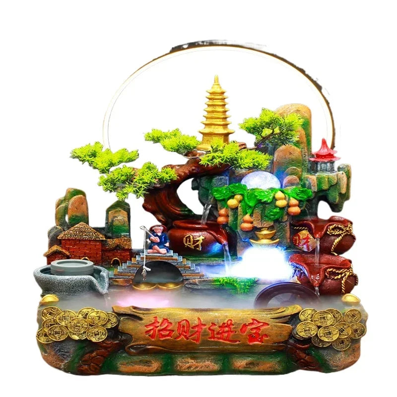 Indoor Fountain with Fish Tank Feng Shui Resin Waterwheel Relaxing Fog Water Feature for Home & Office Décor Water Feature