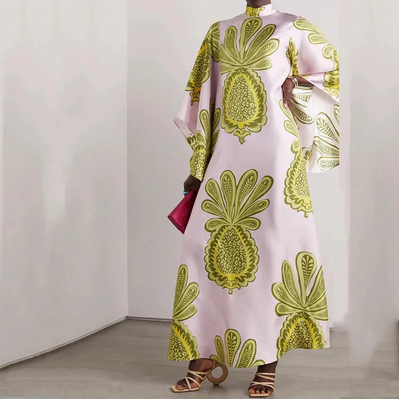 Elegant Long Sleeve Loose Party Dresses Spring Vintage Pattern Printed Robe Dress Women's Stand Neck High Waist Bohemian Dress