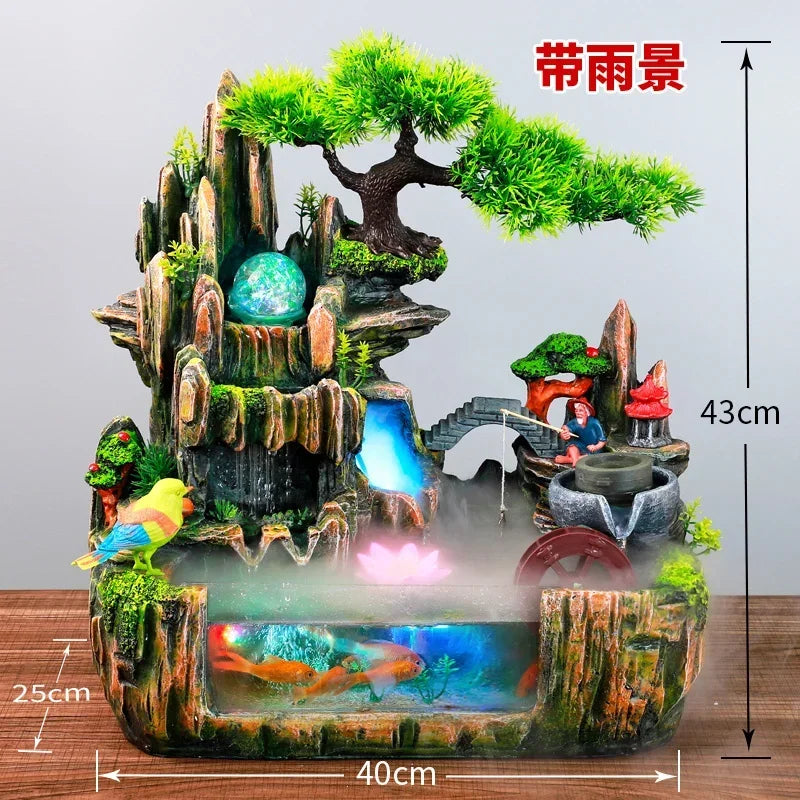 Indoor Fountain with Fish Tank Feng Shui Resin Waterwheel Relaxing Fog Water Feature for Home & Office Décor Water Feature