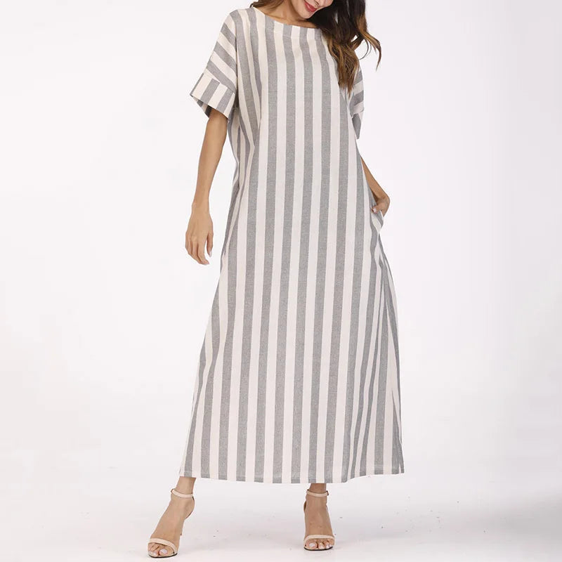 Womens Cotton Linen Dress Big size 5XL large size Kaftan Long Sleeve 2026 Summer Striped Women Large Size Long Maxi Boho Dresses