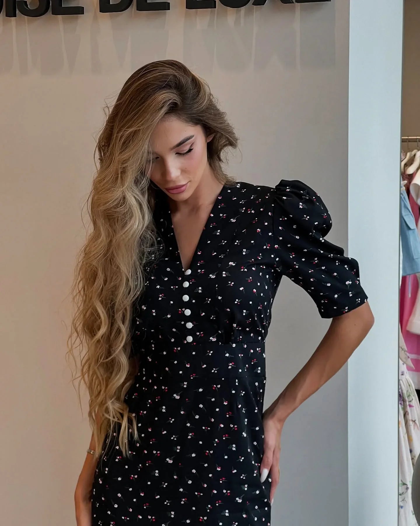 Tuularose Elegant Printed Long Dress Black V Neck Bubble Sleeve Summer Party Dresses Luxury Contrast Vintage Women Evening Dress