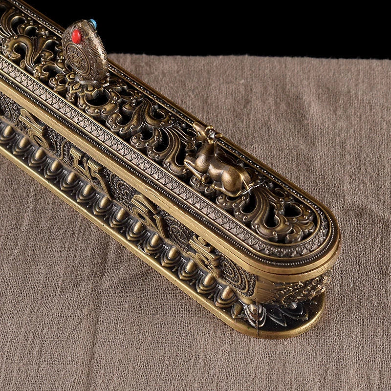 Sanskrit Incense Stick Burner Alloy Buddhist Tibetan Indoor Golden Meditation Engraving Temples Smoke Supply Furnace Ornaments