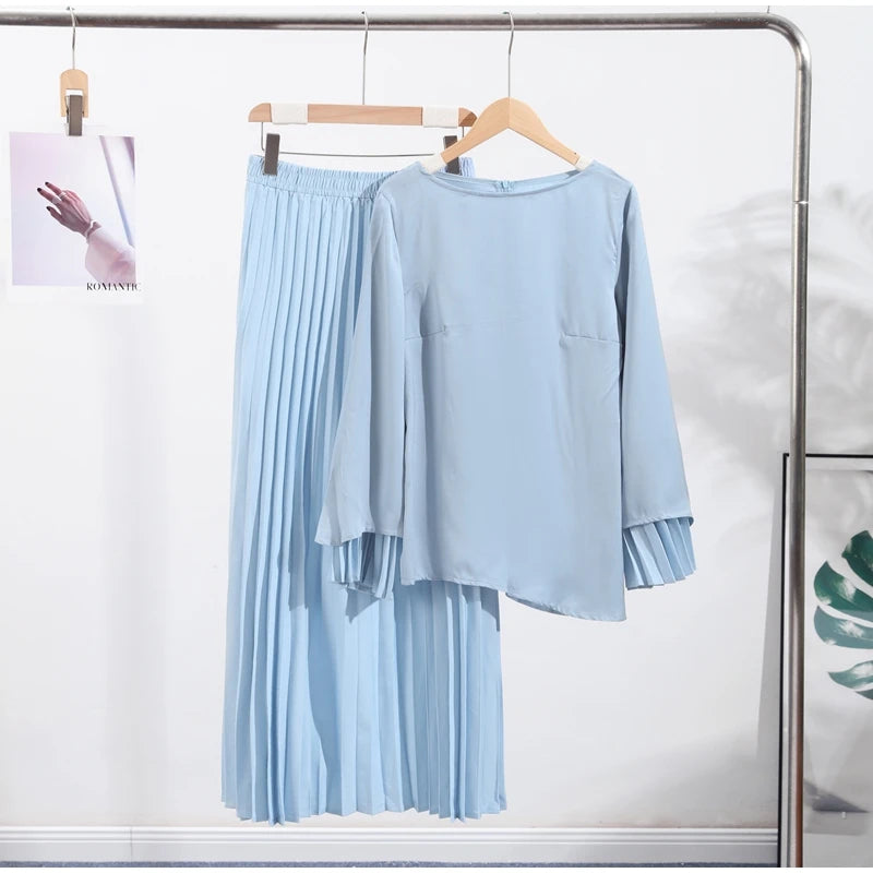 2025 Women Fashion O-neck Patchwork Long Dress Elegant Solid Flare sleeve Pleated High Waist Slim Dresses Lady Summer Chic Robes
