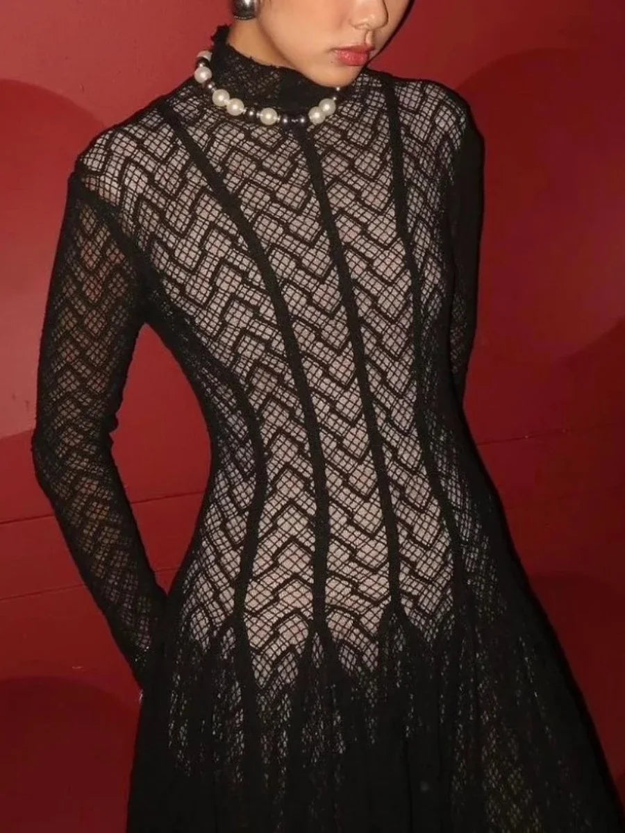 TWOTWINSTYLE Solid Slimming Spliced Ruffles Dresses for Women Round Neck Long Sleeves Patchwork Hollow Out Dress Female Clothing