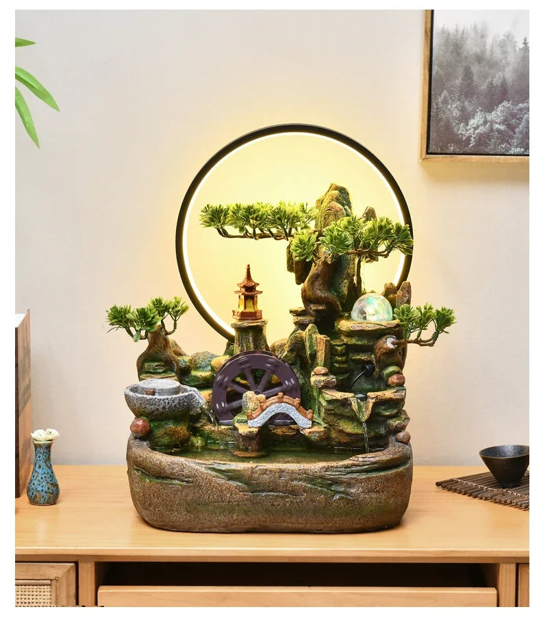 Indoor Fountain with Fish Tank Feng Shui Resin Waterwheel Relaxing Fog Water Feature for Home & Office Décor Water Feature