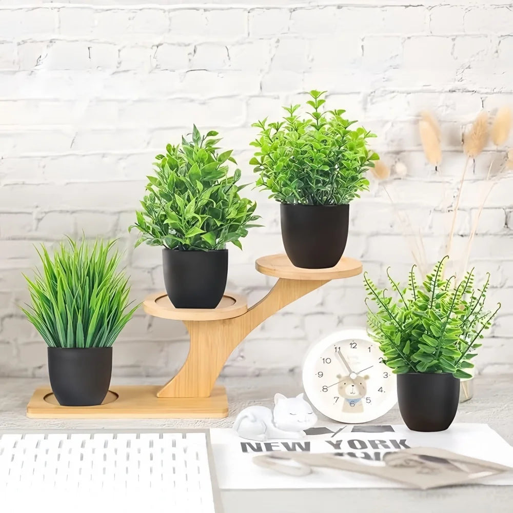 4pcs/set Mini Artificial Plants Potted Indoor Outdoor Decor Green Bonsai for Home Garden Office Living Room Decoration Ornament