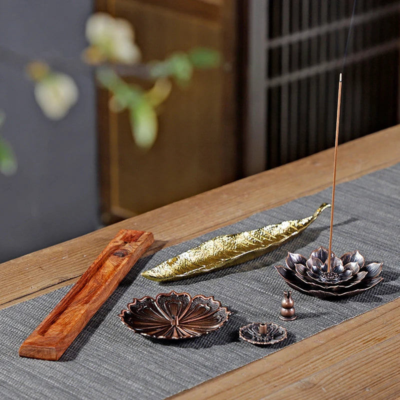 Golden Leaf Flower Pear Wood Lotus Flower Stick Incense Burner Creative Crafts Decoration Incense Holder Office Tea Ceremony