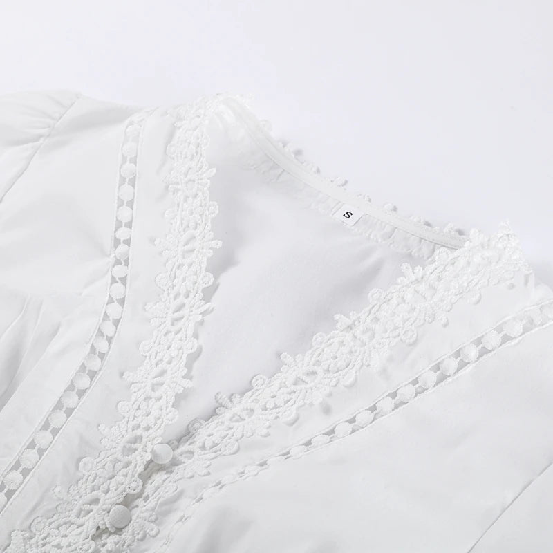 Elegant V Neck Long Puff Sleeve Embroidery Female Dress Chic Hollow Out A line Madi Dresses for Women Fashion Spring Lady Robes