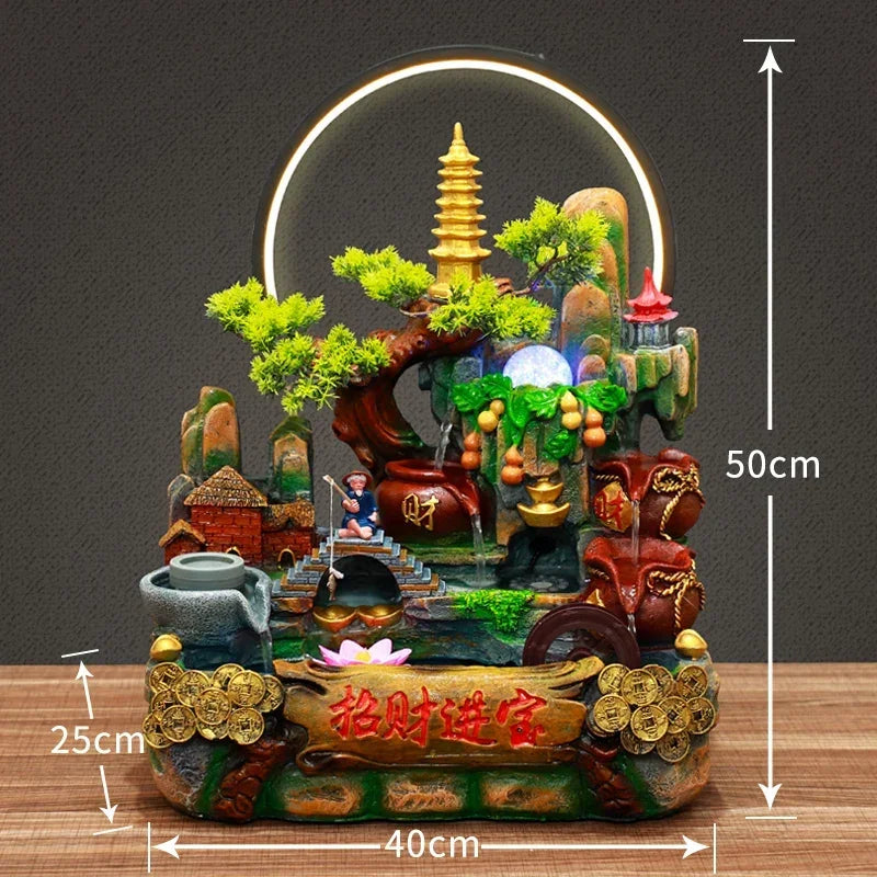 Indoor Fountain with Fish Tank Feng Shui Resin Waterwheel Relaxing Fog Water Feature for Home & Office Décor Water Feature