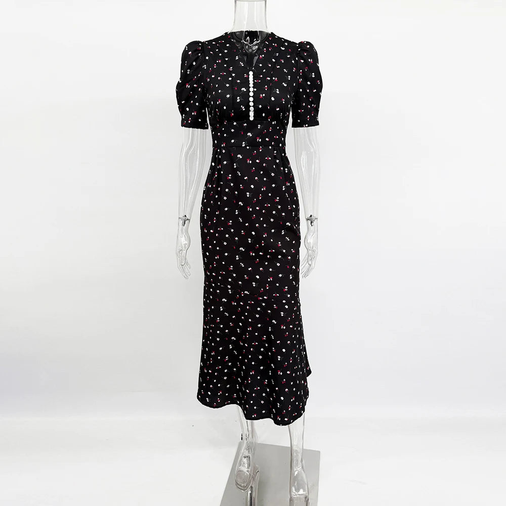 Tuularose Elegant Printed Long Dress Black V Neck Bubble Sleeve Summer Party Dresses Luxury Contrast Vintage Women Evening Dress