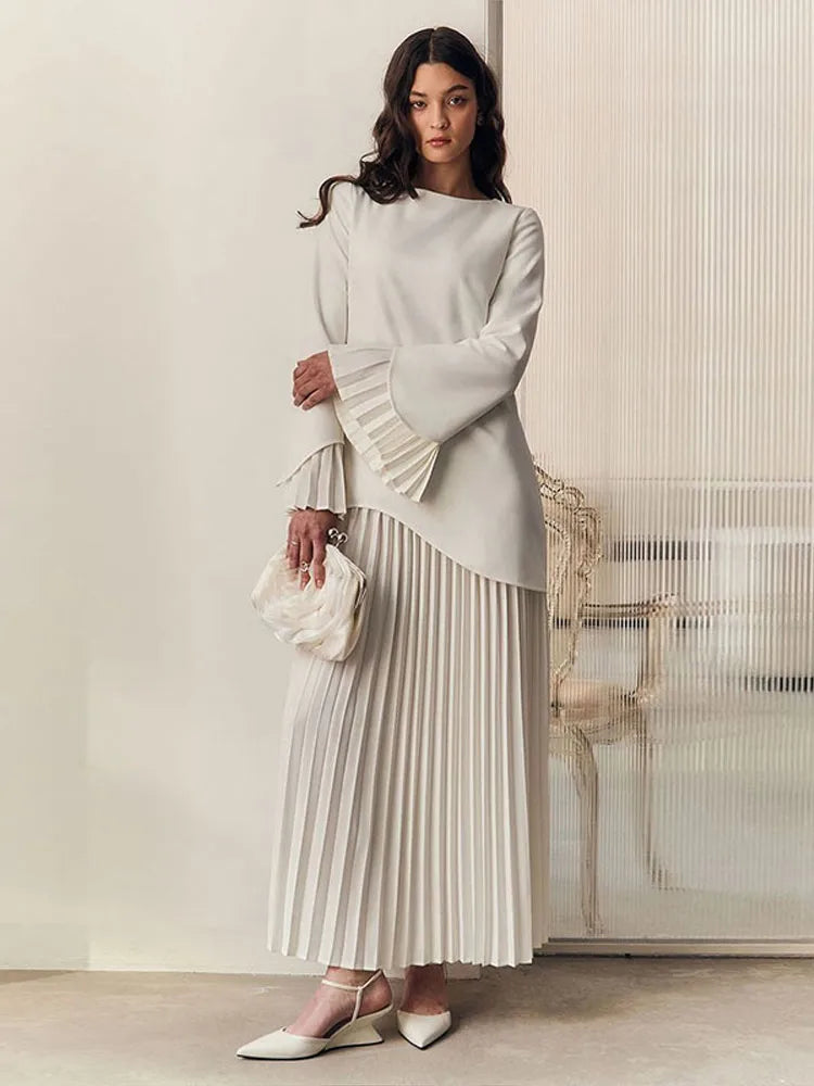 2025 Women Fashion O-neck Patchwork Long Dress Elegant Solid Flare sleeve Pleated High Waist Slim Dresses Lady Summer Chic Robes