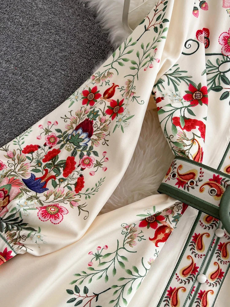 2026 Runway Luxury Designer Dresses Women Stand Neck Long Sleeve Floral Print With Belt Boho Holiday Dress Flower Long Robes