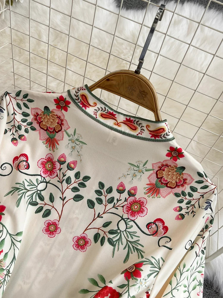 2026 Runway Luxury Designer Dresses Women Stand Neck Long Sleeve Floral Print With Belt Boho Holiday Dress Flower Long Robes