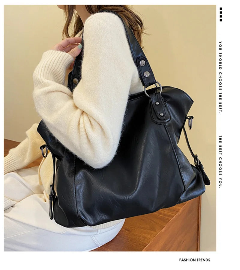 Big Black Shoulder Bags for Women Large Hobo Shopper Bag Solid Color Quality Soft Leather Crossbody Handbag Lady Travel Tote Bag