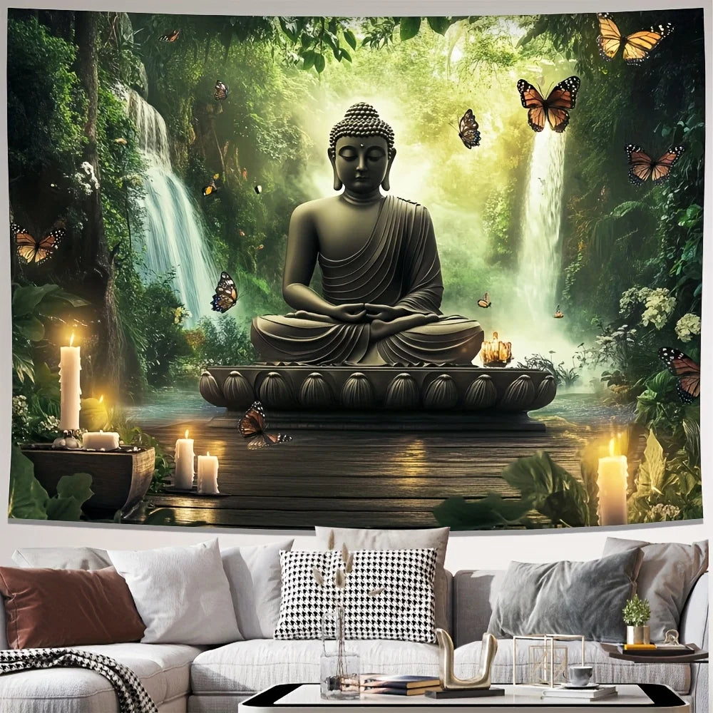 Buddha Statue Waterfall Forest Tapestry Zen Meditation Art Butterfly Decor Peaceful Nature Wall Hanging Living Room Print