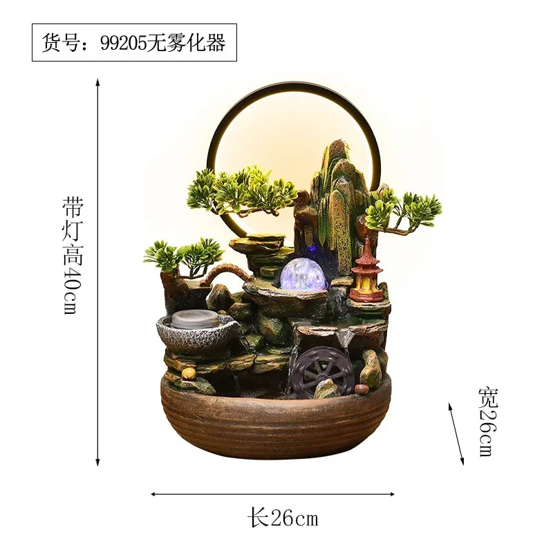 Indoor Fountain with Fish Tank Feng Shui Resin Waterwheel Relaxing Fog Water Feature for Home & Office Décor Water Feature