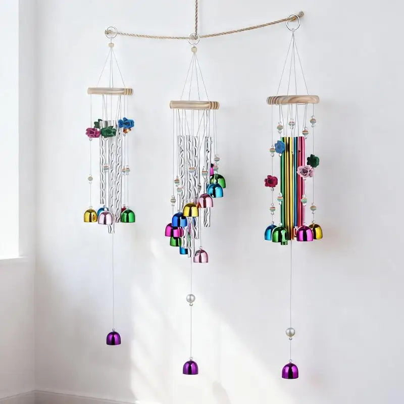 ● Colorful Metal Wind Chimes Wooden Top Hanging Decor With Flower Beads Wind Chime For Garden Patio Terrace Decor Wind Chimes
