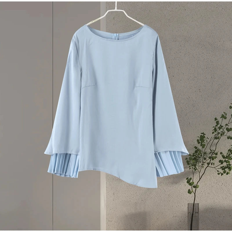 2025 Women Fashion O-neck Patchwork Long Dress Elegant Solid Flare sleeve Pleated High Waist Slim Dresses Lady Summer Chic Robes