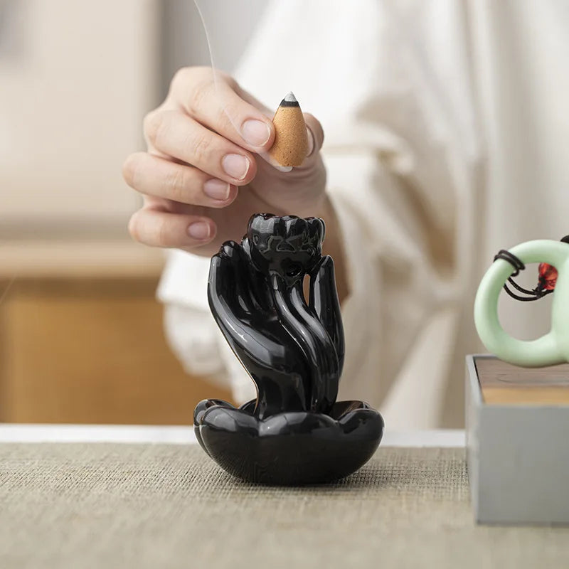 Ceramic Waterfall Backflow Incense Burner, Lotus Buddha Hand Design, Misty Smoke Effect for Zen Meditation, Home Good Luck Decor