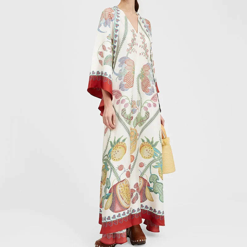 Elegant Long Sleeve Loose Party Dresses Spring Vintage Pattern Printed Robe Dress Women's Stand Neck High Waist Bohemian Dress