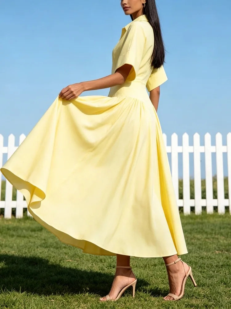 Modigirl Woman Summer Elegant Midi Dresses 2025 High Waist Lapel Neck Short Sleeves Buttoned Flowy A Line Shirt Dress for Women