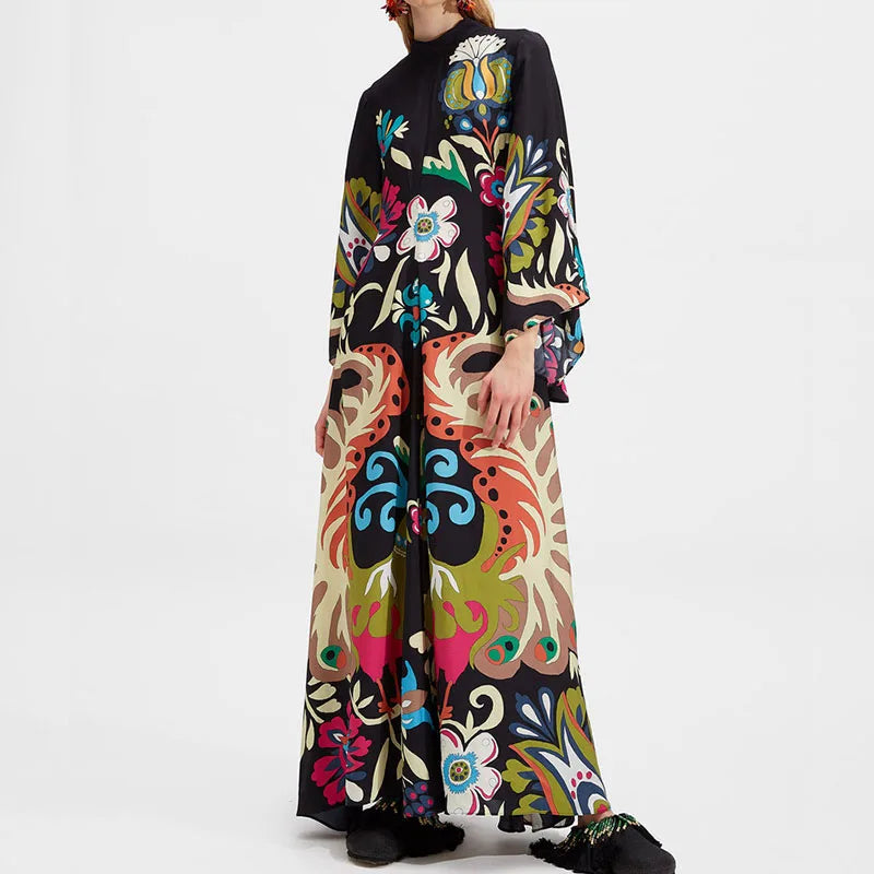 Elegant Long Sleeve Loose Party Dresses Spring Vintage Pattern Printed Robe Dress Women's Stand Neck High Waist Bohemian Dress