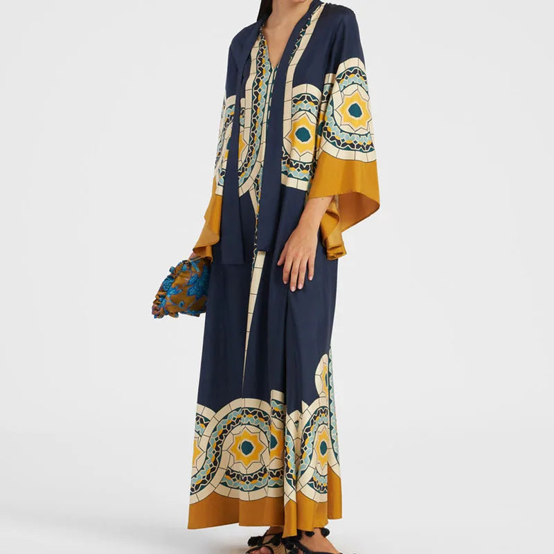 Elegant Long Sleeve Loose Party Dresses Spring Vintage Pattern Printed Robe Dress Women's Stand Neck High Waist Bohemian Dress