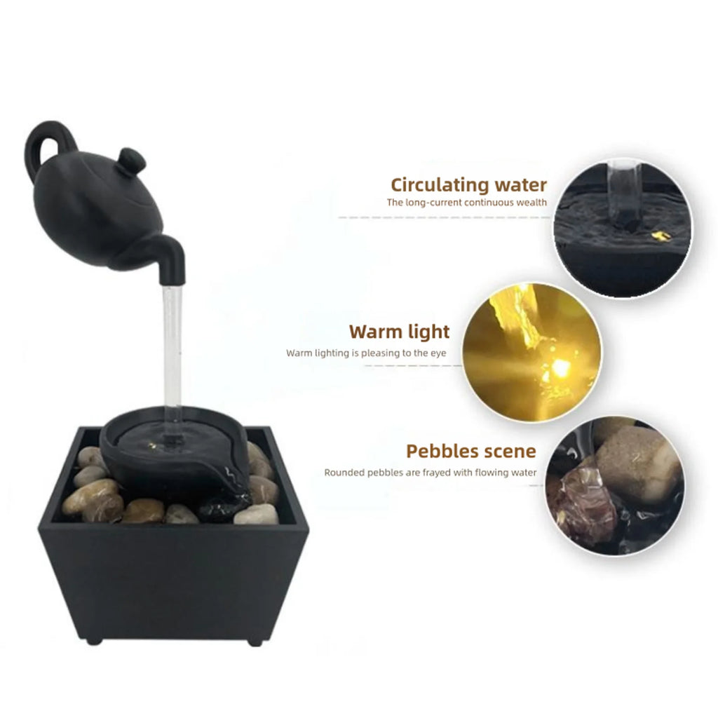 Floating Teapot Water Fountain Ornament Indoor Tabletop Waterfall Decoration with LED Light Stones Home Office Table Decor