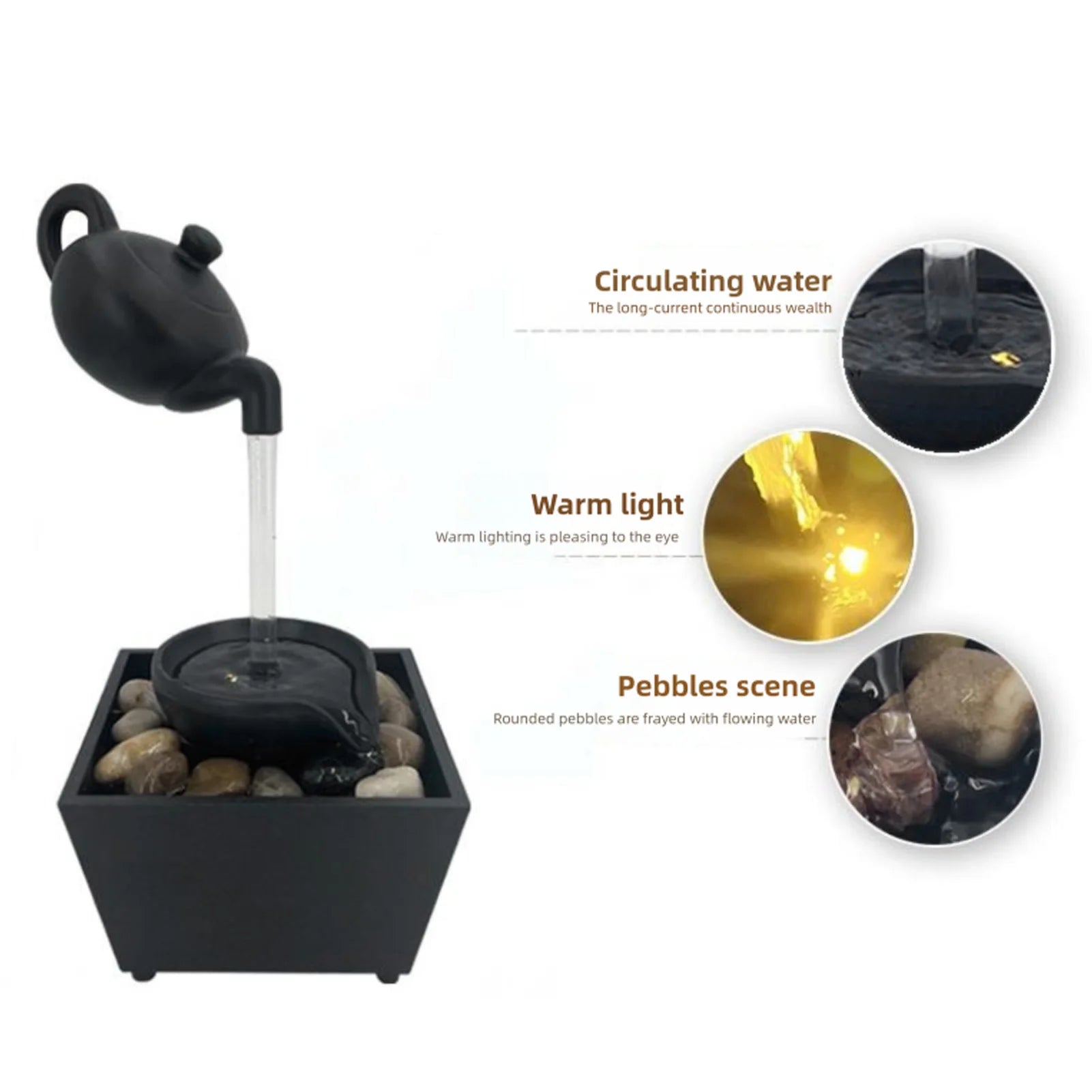 Floating Teapot Water Fountain Ornament Indoor Tabletop Waterfall Decoration with LED Light Stones Home Office Table Decor