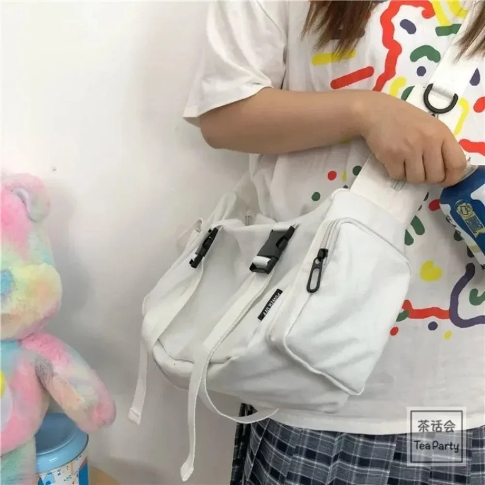 Japanese Harajuku Women Messenger Bag Solid Color Canvas Crossbody Bags Student Large Capacity Handbags Shoulder Bag