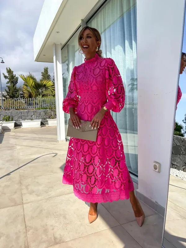 Lace Puff Sleeve Long Dress Women 2025 Spring Elegant New Fashionable Stand Collar High Waist Slim Dresses