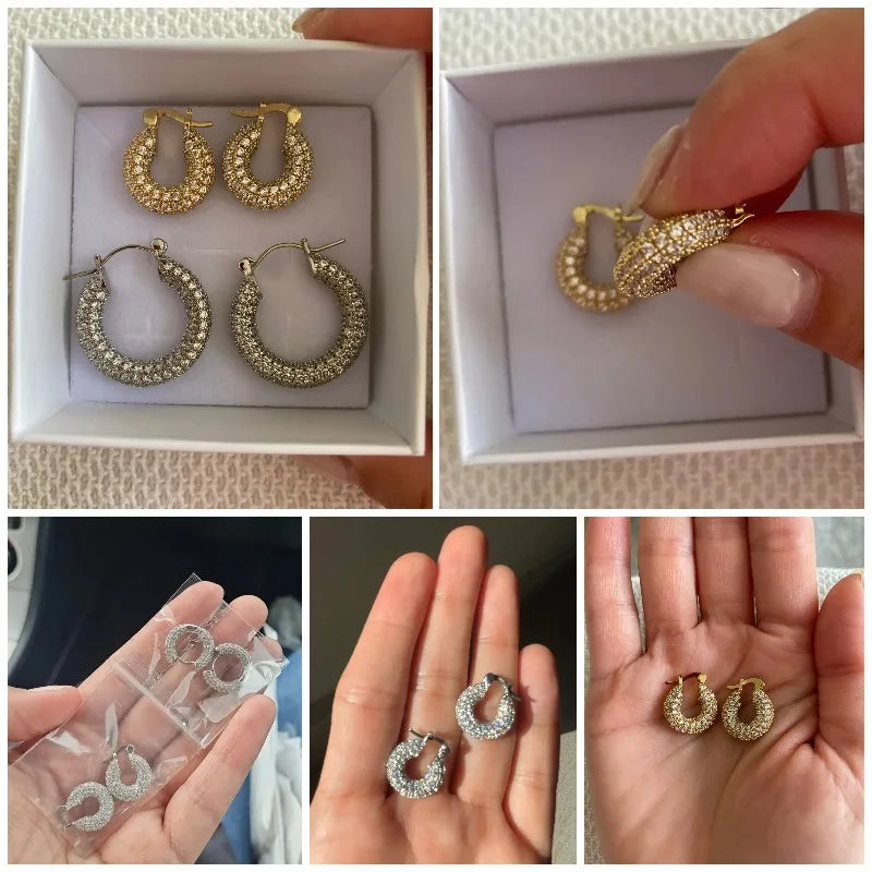 Huitan Big/Small Two Sizes Hoop Earrings for Women Full Paved CZ Stone Bling Bling Female Circle Earrings Temperament Jewelry