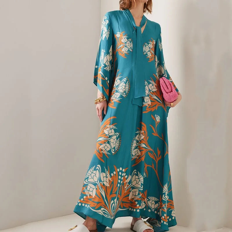 Elegant Long Sleeve Loose Party Dresses Spring Vintage Pattern Printed Robe Dress Women's Stand Neck High Waist Bohemian Dress