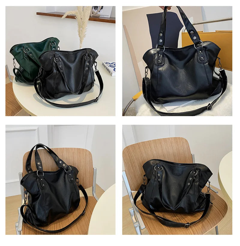 Big Black Shoulder Bags for Women Large Hobo Shopper Bag Solid Color Quality Soft Leather Crossbody Handbag Lady Travel Tote Bag