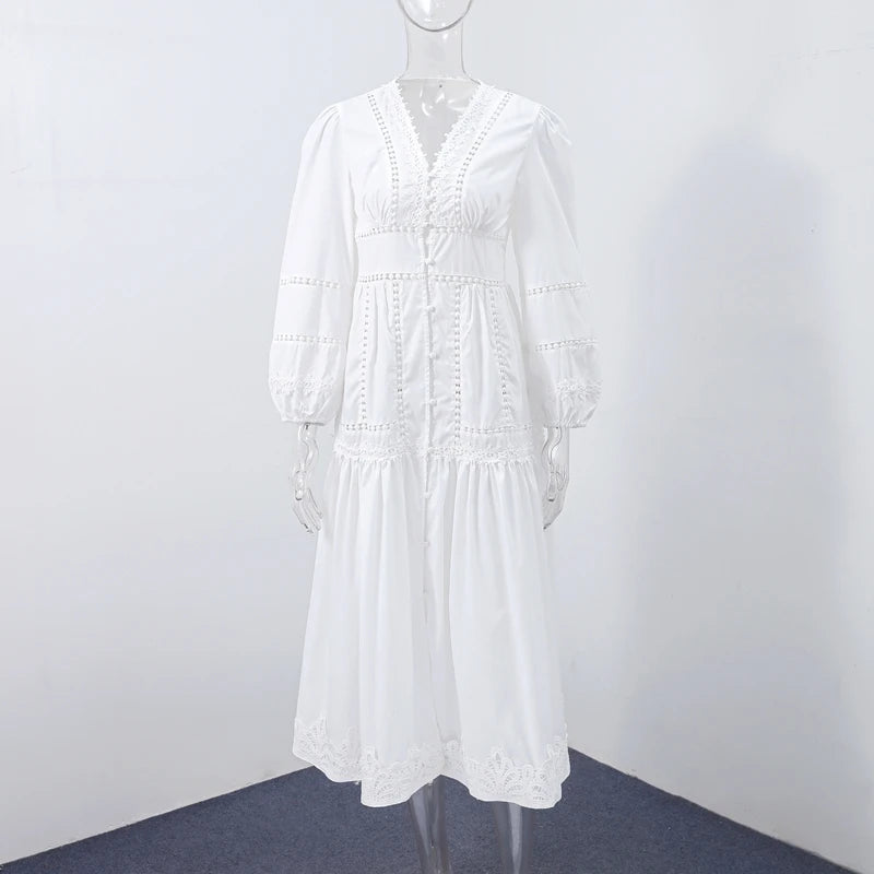 Elegant V Neck Long Puff Sleeve Embroidery Female Dress Chic Hollow Out A line Madi Dresses for Women Fashion Spring Lady Robes