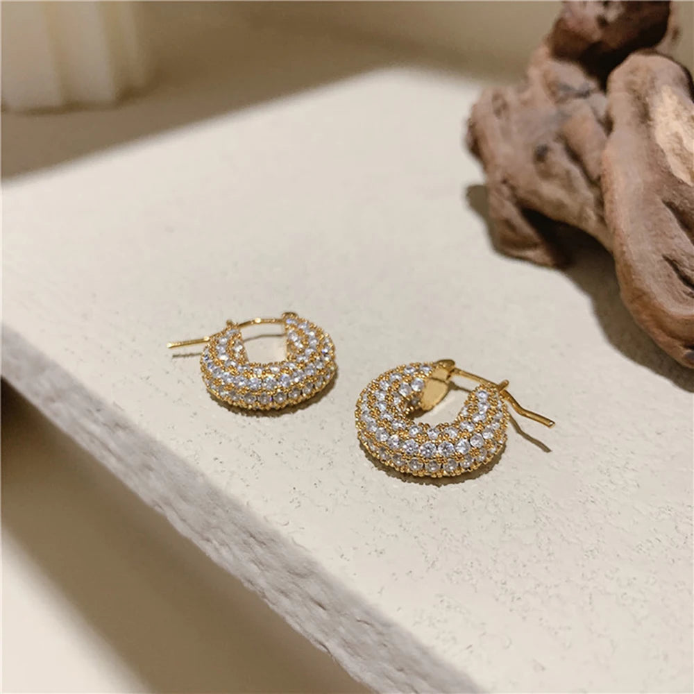Huitan Big/Small Two Sizes Hoop Earrings for Women Full Paved CZ Stone Bling Bling Female Circle Earrings Temperament Jewelry