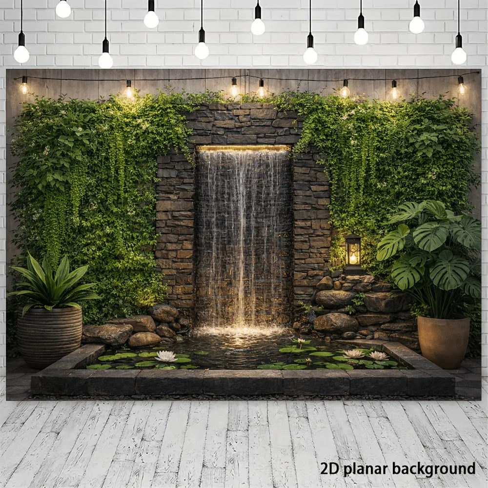 A natural-themed waterfall wall decorated with hanging plants and water lilies - suitable for families, weddings, and decoration