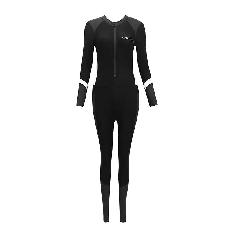 Professional Training Monopiece Swimsuit Women Long Sleeve Full Body Sun Protection Slimming Diving Suit Conservative Style