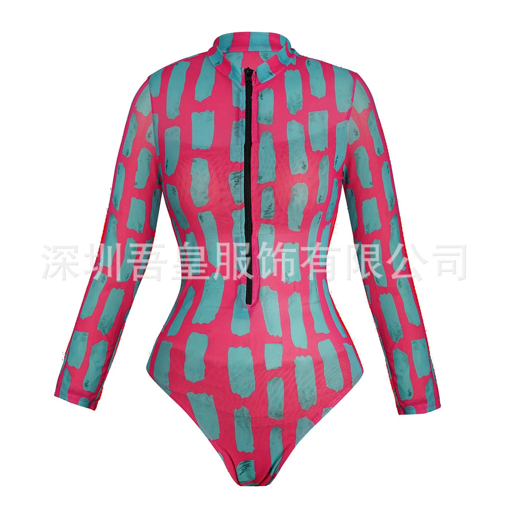 One Piece Swimsuit Women Long Sleeve Swimwear Pants UPF 50+ Quick-Dry Beachwear with Front Zipper New Print Beach Bathing Suit