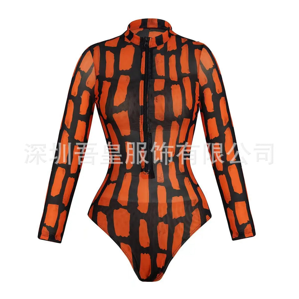 One Piece Swimsuit Women Long Sleeve Swimwear Pants UPF 50+ Quick-Dry Beachwear with Front Zipper New Print Beach Bathing Suit
