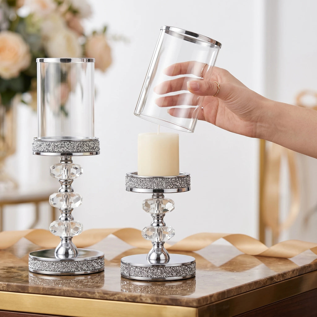 Luxury Crystal Pillar Candle Holders Set Gold Silver Hurricane Lantern with Glass Shade for Romantic Wedding Party Home Decor