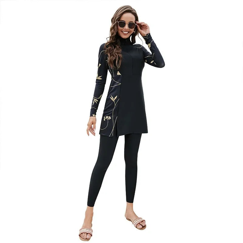 Woman Swim Dress Long Sleeve Black Swimwear Dress Gold Floral Print Swimming Dress Full Body Coverage Modest Swim Dress High