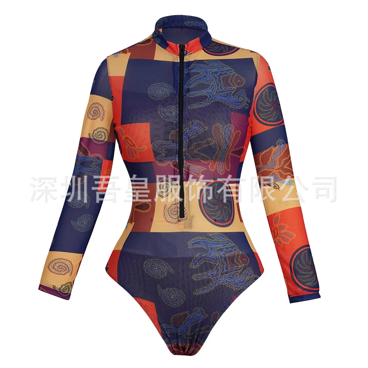 One Piece Swimsuit Women Long Sleeve Swimwear Pants UPF 50+ Quick-Dry Beachwear with Front Zipper New Print Beach Bathing Suit