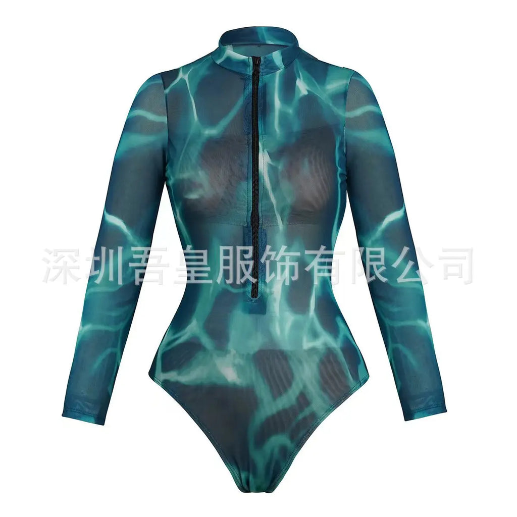 One Piece Swimsuit Women Long Sleeve Swimwear Pants UPF 50+ Quick-Dry Beachwear with Front Zipper New Print Beach Bathing Suit
