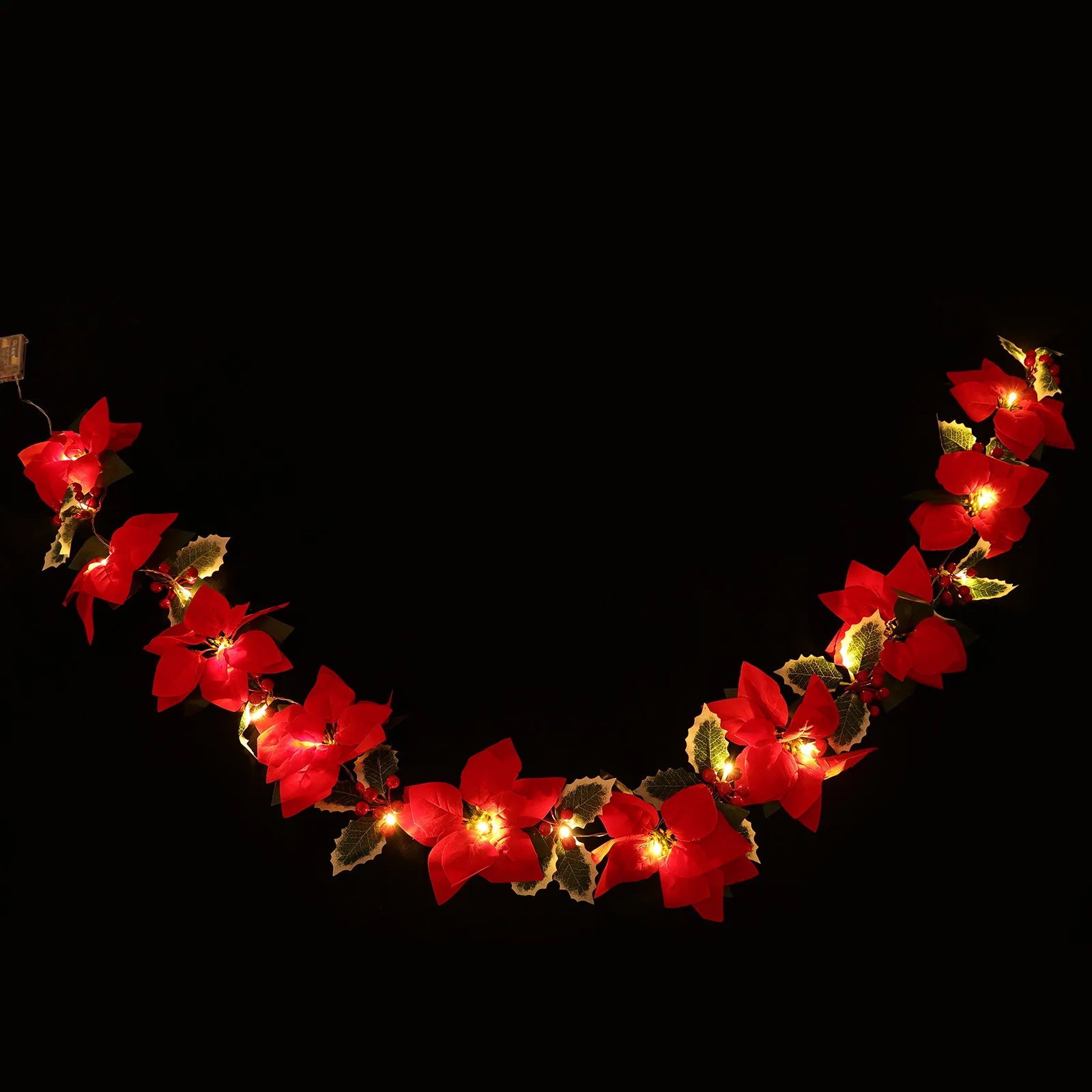 Artificial Red Flowers Wreath Light String Outdoor Indoor Decorative Garland Lamp for Christmas Party Festival Door Hanging